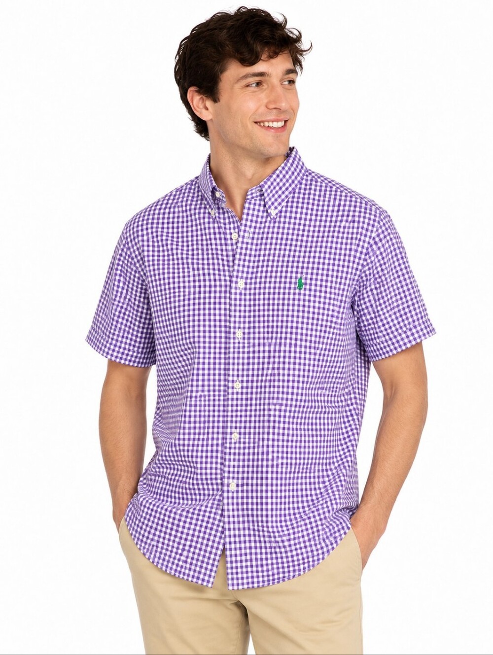 Ralph Lauren Pony Green - Purple & White Gingham Short-Sleeve Button-Down Shirt